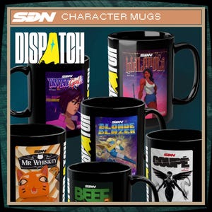 Puede incluir: Una colección de tazas de cerámica negras con personajes. Cada taza presenta ilustraciones y textos únicos, incluyendo "Dispatch", "Invisible Gal", "Blonde Blazer", "Mr. Whiskey", "Coupe" y "Beef". Las tazas tienen asas negras.