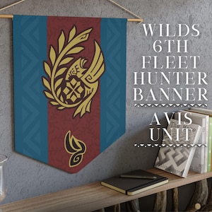 May include: A blue and red banner with a gold bird design and the text "Wilds 6th Fleet Hunter Banner Avis Unit".