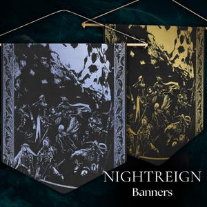 Flaga ścienna Nightreign – Dreglord kontra Nightfarers – inspirowany pierścieniem Eldena średniowieczny sztandar, gobelin w stylu vintage dark fantasy