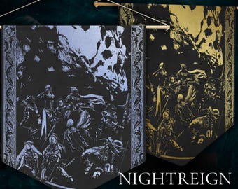 Nightreign-muurvlag - Dreglord vs Nightfarers - op Elden Ring geïnspireerde middeleeuwse banner, vintage wandtapijt donkere fantasie