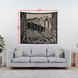May include: Black and beige tapestry featuring a silhouette of a castle with a gate and trees. The tapestry is 60 inches wide and 50 inches tall.