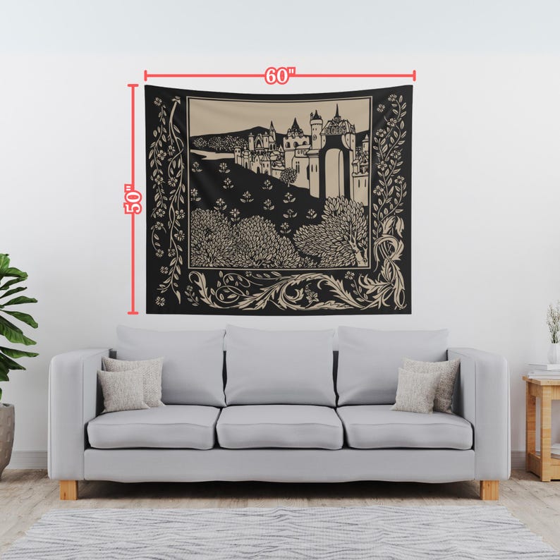 May include: Black and beige tapestry featuring a silhouette of a castle with a gate and trees. The tapestry is 60 inches wide and 50 inches tall.