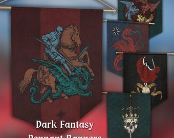 Dark Fantasy Pennant Banners - Medieval Vintage Dark Academia Coat of Arms - Gothic Castlecore Wall Flags