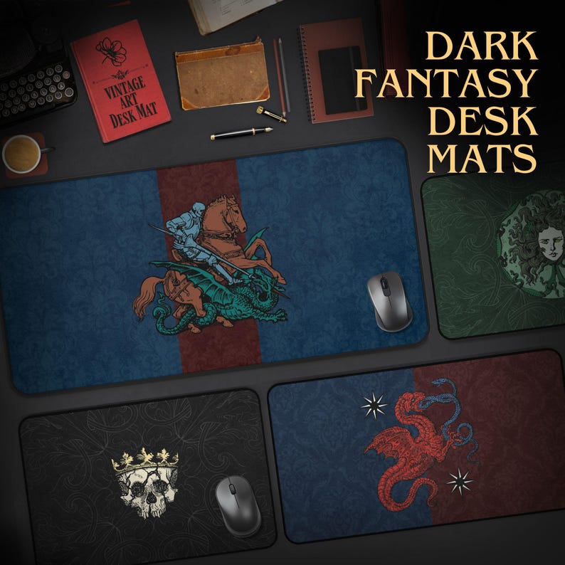 Alfombrillas de escritorio de fantasía oscura - Colección de alfombrillas de juego góticas, alfombrillas de ratón vintage de damasco para juegos de rol de mesa, decoración de oficina de estilo academia oscura, configuración de PC de estilo gótico. imagen 1