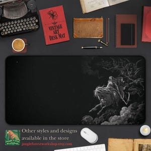 May include: Black and white illustration of Death riding a horse through the clouds. The image is on a black mouse pad with the text "Vintage Art Desk Mat" and "Other styles and designs available in the store jungleforestworkshop.etsy.com".