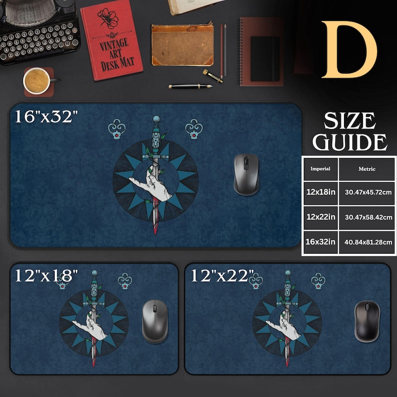 Alfombrillas de escritorio de fantasía oscura - Colección de alfombrillas de juego góticas, alfombrillas de ratón vintage de damasco para juegos de rol de mesa, decoración de oficina de estilo academia oscura, configuración de PC de estilo gótico. D