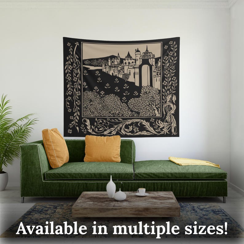 May include: Black and white tapestry featuring a stylized illustration of a castle with a gate and trees. The tapestry has a beige background and a black border with floral designs.