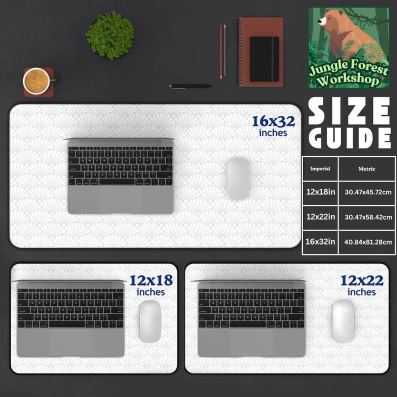 May include: A white desk mat with a geometric pattern of overlapping fans. The mat is shown with a laptop and mouse on it. The mat is available in three sizes: 12x18 inches, 12x22 inches, and 16x32 inches. The text "Jungle Forest Workshop" and "Size Guide" is also shown on the mat.