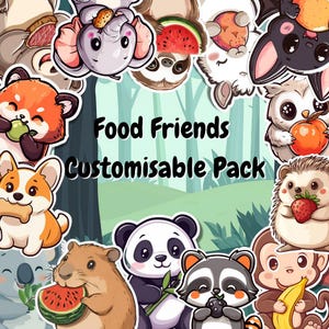 Pack d'autocollants Animaux mignons mangeant de la nourriture || Stickers vinyles kawaii personnalisés pour ordinateur portable, bouteille d'eau, journal intime – Lot d'autocollants animaux imperméables