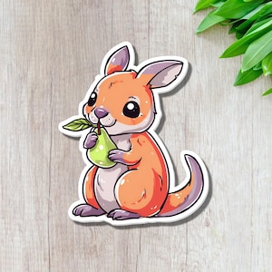 Adesivo canguro carino che mangia una pera // Adesivo in vinile impermeabile con animale australiano per laptop, bottiglia d'acqua, diario - Adesivo canguro kawaii