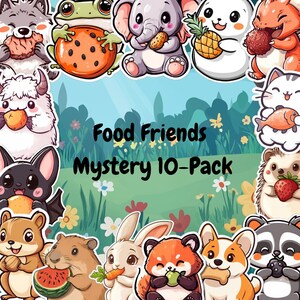 Paquete de pegatinas misteriosas de Food Friends (10 unidades): bonitas pegatinas de vinilo impermeables de comida, mezcla sorpresa para portátil, botella de agua y diario.