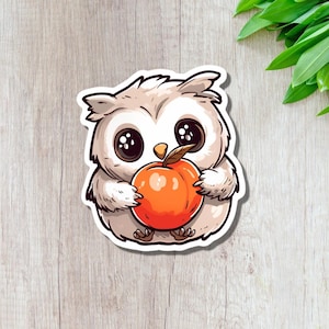 Cute Owl Eating Peach Sticker || Waterproof Vinyl Animal Sticker for Laptop, Water Bottle, Journal – Kawaii Owl Decal