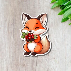 Sticker en vinyle Renard mignon mangeant des baies