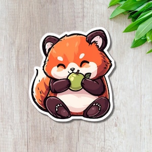 Leuke rode panda die sticker appel eet || Waterdichte vinyl dierensticker voor laptop, bidon, dagboek – Kawaii-sticker