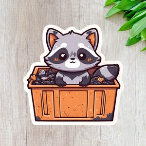 Cute Raccoon in Trash Bin Vinyl Sticker || Funny Trash Panda Sticker – Waterproof Raccoon Sticker for Laptop, Journal, Water Bottle