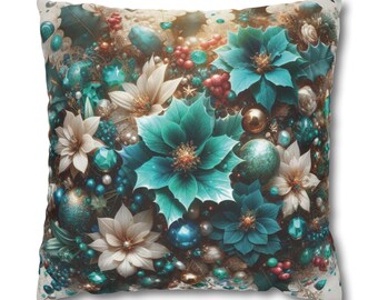 May include: Square throw pillow with a floral design featuring teal poinsettias, white flowers, and red berries. The pillow has a festive, holiday theme with gold and teal ornaments.