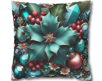 May include: Square throw pillow with a festive design. The pillow features a teal poinsettia, red berries, and teal-colored ornaments. The design includes crystals, small flowers, and green leaves, creating a holiday theme.