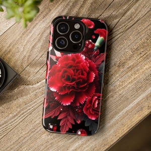 Januari Carnation Granat Telefonskal, Födelsestensskyddande Blomma, iPhone, Samsung Galaxy, Google Pixel, Glansigt och Matt