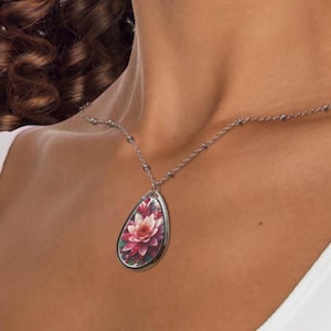 July Water Lily Birth Flower and Ruby Birthstone Necklace, Birthday gift for Girlfriend, Pear Shaped Charm, Pendant for Mom, Unique Necklace