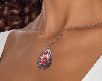Collar con flor de nacimiento de nenúfar de julio y piedra de nacimiento de rubí, regalo de cumpleaños para novia, dije en forma de pera, colgante para mamá, collar único