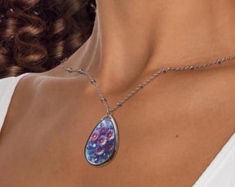 September Aster Birth Flower and Sapphire Birthstone Necklace, Charm for Her, Aster Birth Flower Birthstone Pendant, Aster Necklace for Mom