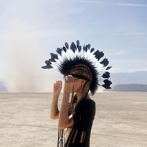 May include: A black and white feathered headdress with a black band, worn by a person with braided hair. The headdress features a central black crest with white and black feathers fanning out. The person is wearing a black top.