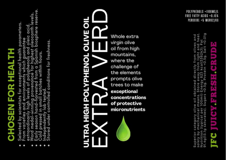 Extra Verd Labor zertifiziertes Ultra High Polyphenol Natives Olivenöl extra, erste Pressung, frühe Ernte, kleine Charge, späteste Saison Bild 3