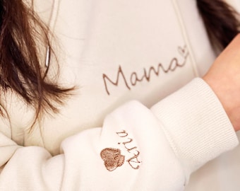 Personalised Mama Hoodie, Custom Clothing for Mum, First Mothers Day Gift, Embroidered Name on Sleeve Sweatshirt, Gift for Her
