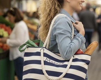 Personalised Striped Canvas Beach Bag, Large Embroidered Tote with Name