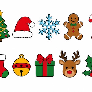 Op de afbeelding: Een verzameling van tien kerst-gerelateerde iconen, waaronder een groene boom met een gele ster, een rode kerstmuts, een blauwe sneeuwvlok, een bruine peperkoekman, een rood-witte zuurstok, een rode kerstsok, een gele bel, een groen cadeau, een rendier en hulst.