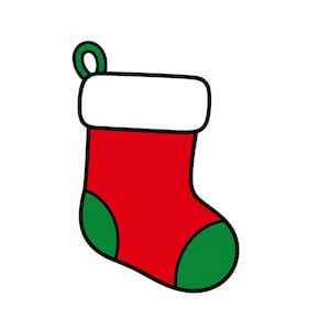 May include: A red Christmas stocking illustration with a white cuff, a green toe, and a green heel. The stocking features a green hanging loop at the top left corner and is outlined in a thick black line, creating a simple, flat graphic design.