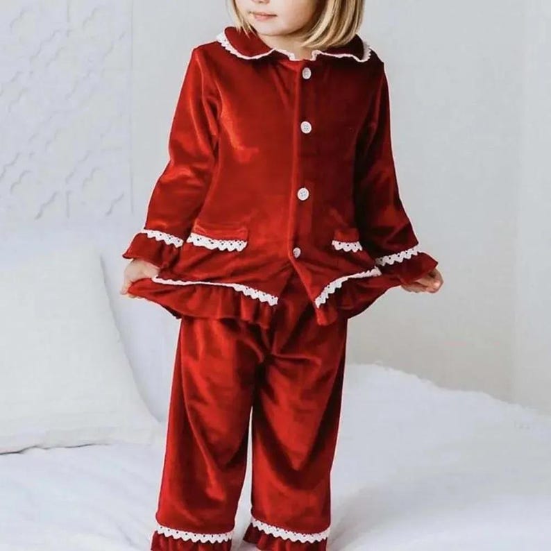 Personalized Velvet Christmas Kids and Adults Outfit Red Ruffle Outfit
