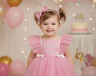 Personalisiertes 1. Geburtstag Kleid, Mädchen Cake Smash Outfit, Baby Kleid mit Namenstickerei