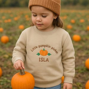 May include: A child wearing a tan sweatshirt and a brown beanie holds an orange pumpkin in a pumpkin patch. The sweatshirt has the text "Little pumpkin picker" and the name "ISLA" embroidered on it.