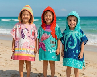 Personalised Kids Hooded Towel, Custom Swimming Poncho, Toddler Beach Robe, Childrens Swim Towel, Girls Boys Holiday Gift