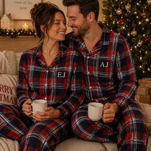 Personalised Matching Christmas Pyjamas for Couples, Custom Name or Initial PJs, 100% Cotton Flannel Pyjama Set