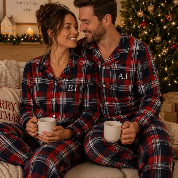 Personalised Red Tartan Christmas Pyjamas, Adult Cotton Flannel Set with Embroidered Name or Initials