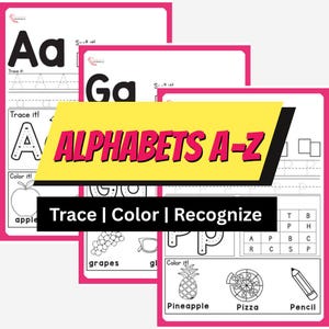 Libro para colorear y trazar letras del alfabeto A-Z / Hojas de trabajo de reconocimiento de letras para preescolar / Práctica del abecedario imprimible / Descarga instantánea en PDF