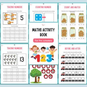 Math Activity Book for Preschoolers | Printable Early Learning Worksheets | Numbers, Shapes, Tracing, Counting | Instant Download PDF