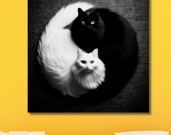 Black and White Cat Poster Print, Cute Cat Wall Art, Cute Kitten Illustration Art, Cat Lover Gift, Funny Cat Poster, Ready To Hang Canvas
