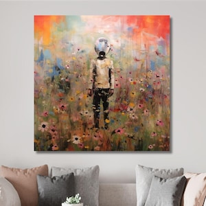 May include: A painting of a person standing in a field of flowers. The person is wearing a light brown shirt and dark pants. The person's head is covered by a round object. The background is a colorful abstract painting of a field of flowers.