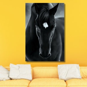 Black Horse Wall Art, Oil Painting Horse Canvas Wall Art, Art Print, Horse Poster Wall Hangings, White Room Decor, Ready to Hang Canvas Art