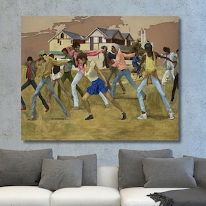 Puede incluir: Una pintura de un grupo de personas bailando en un campo. Las personas visten ropa informal y están en varias poses. La pintura está realizada en un estilo realista y tiene una paleta de colores cálidos.