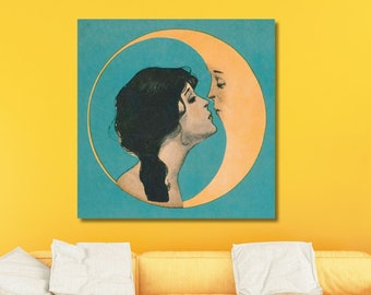 Lienzo con portada del cancionero "Dear Old Dixie Moon", impresión vintage de "Mujer besando la luna", impresión artística vintage de "Luna creciente", listo para colgar.