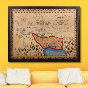 Poster impression carte Ponderosa, carte de la Ponderosa, carte Bonanza toile, affiche impression Ponderosa Nevada, famille Cartwright, décoration de ferme