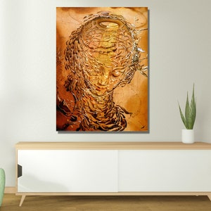 May include: Abstract painting of a face with a golden and brown color scheme. The face is surrounded by swirling lines and shapes, creating a sense of depth and movement.