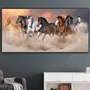 7 biegnących koni wydruk na płótnie, siedem biegnących białych koni wydruk na płótnie, sztuka ścienna z końmi, kolorowy wydruk na płótnie, płótno, gotowe do powieszenia
