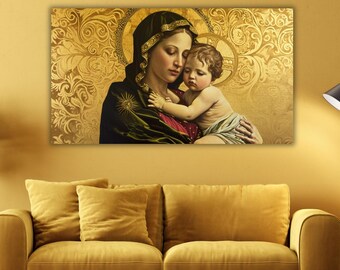 Virgin Mary with Child Ready To Hang Canvas,Madonna and Child Canvas Art,Renaissance Inspired Religious Decor,Vintage Sacred Art,Virgin Mary