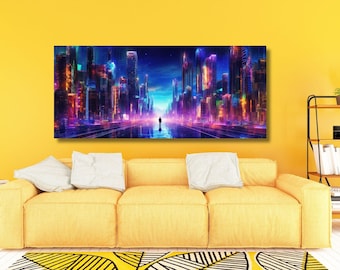 Cyberpunk City Wall Art, Neo Futuristic Cyberpunk City Canvas Poster,Man Cave Home Wall Decor,Canvas Print,Living Room Canvas Wall Art Decor