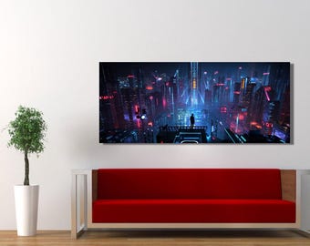 Cyberpunk Poster, Neo Futuristic Cyberpunk City Canvas Poster, Wall Art, Man Cave Home Wall Decor, Canvas Print, Game Canvas Poster for Gift